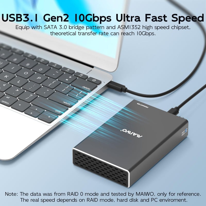 MAIWO حاوية RAID للقرص الصلب MAIWO مزدوجة الفتحة لقرص SSD/HDD SATA بحجم 2.5 بوصة، USB 3.1 GEN 2 بسرعة 10Gbps مع UASP، RAID 0/1/JBOD/PM، سعة 16TB، علبة قارئ القرص الصلب الخارجية من الألمنيوم - Image 3